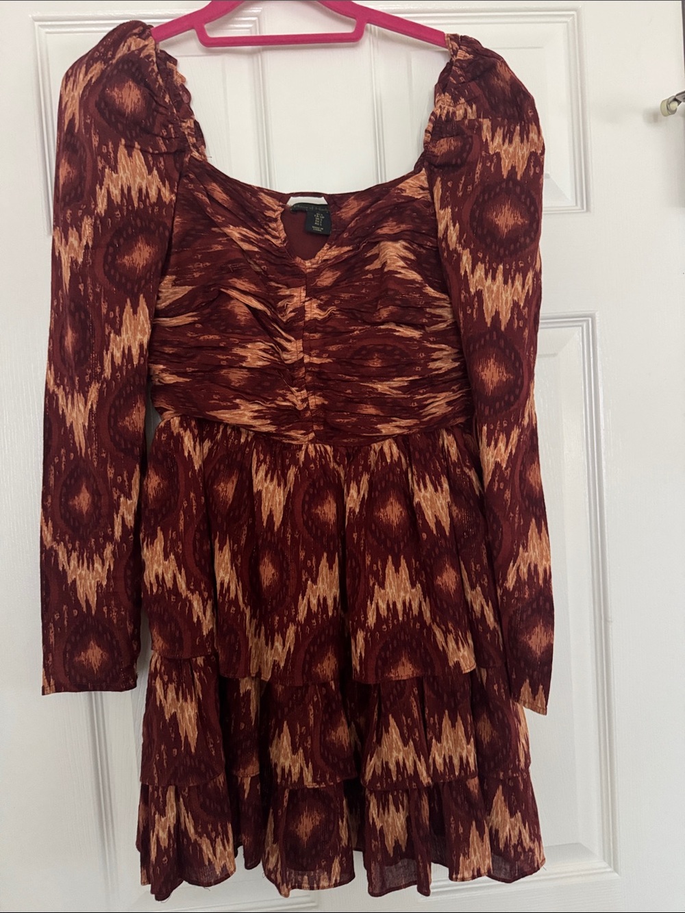 House Of Harlow 1960 Boho Metallic Ruffle Tiered Long Sleeve Mini Dress Small